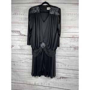 Vintage Susan Roselli Dress Women's 16 Black Sequin Drape Gown Shoulder Pads 80s